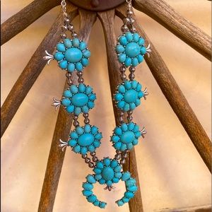 SQUASH BLOSSOM SET Native American Silver Nickel Turquoise Necklace Earrings NEW